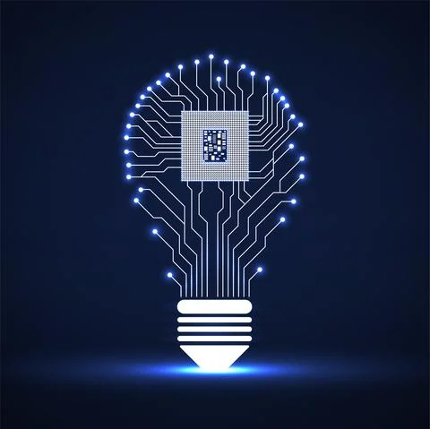 Technology neon light bulb circuit board with cpu inside. Vector illustration Stock Illustration