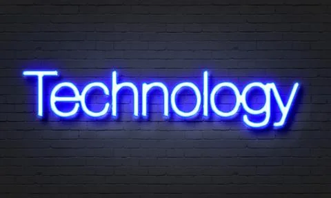 Technology neon sign on brick wall background. Stockillustratie
