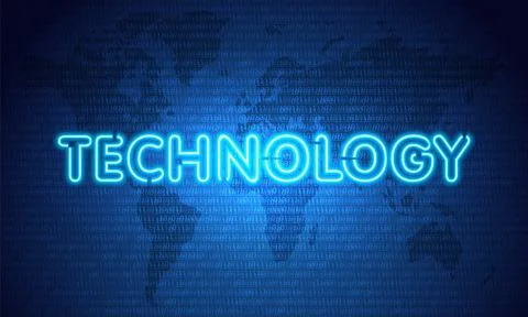 Technology. Neon Symbol on Blue Map Background with Binary code. Data Concept Stock Illustration
