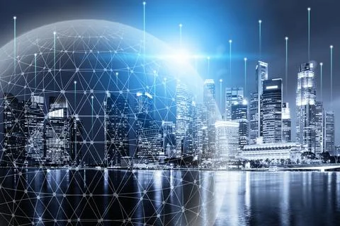 Technology Network Connect and Intelligence Smart City, Communication 5G Stock Photos