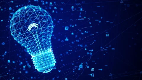 Technology network connection with lamp and icon digital blue background Stock Footage 163189913
