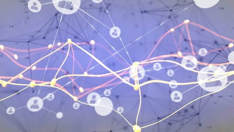 Technology network visualizing glowing nodes linking user avatars with numeric Stock Footage 307856758