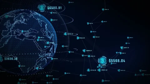 Technology Network Worldwide Connections. Bitcoin Cryptocurrency in Digital C Stock Footage 102230079
