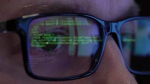 Technology networking cyber security man at computer coding reflection Stock Footage 161996713