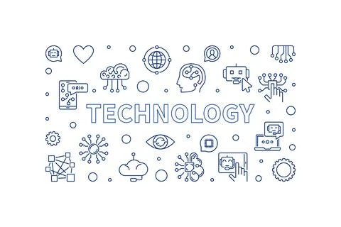 Technology outline blue vector horizontal banner - AI Tech illustration Illustrazione stock