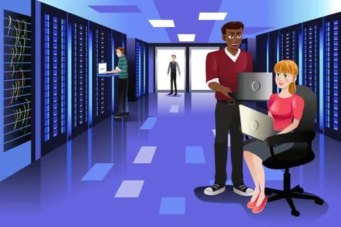 Technology People Working in Data Center Illustrazione stock