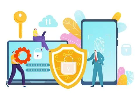 Technology personal computer security software, tiny character work together Stock Illustration