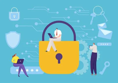 Technology personal cyber data protection, tiny programmer character work laptop 스톡 일러스트