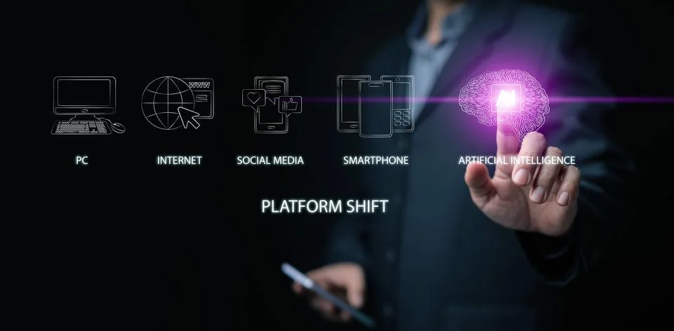 Technology platform shift. Businessman touching a glowing AI brain icon, ev.. Fotos Stock