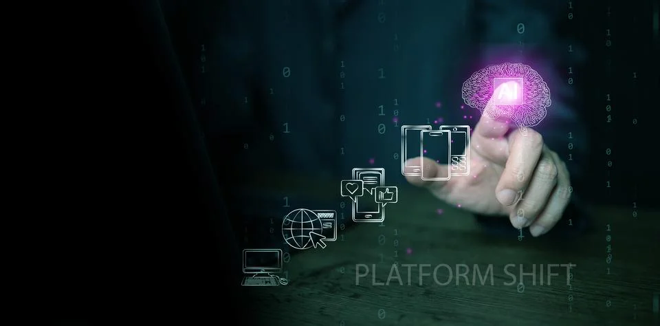 Technology platform shift. Man touches glowing AI brain icon, evolving thro.. Stock Photos