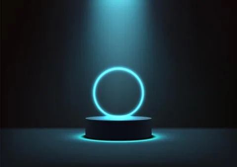 Technology podium with glowing blue neon ring on dark background 3d render .. Stock Illustration