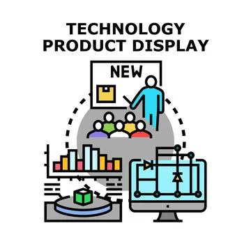 Technology product displaying innovation development analysis process Stock Illustration