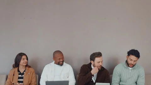 Technology, queue and business people in office for waiting on job interview Stock Footage 312494450