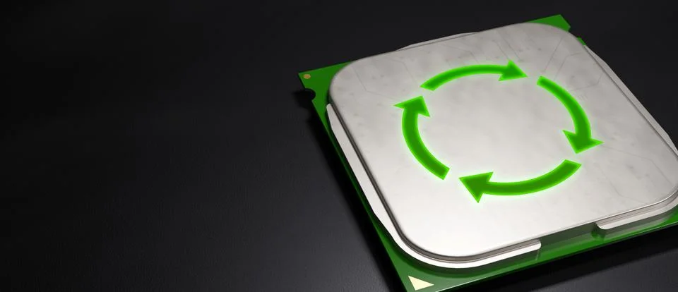 Technology Recycle Concept on CPU microchip Green Energy Message 3D Render Stock Illustration