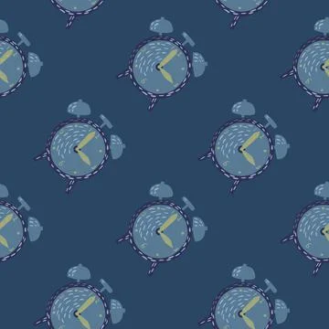 Technology retro seamless pattern with alarm clock silhouettes print. Navy bl Stock Illustration