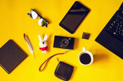Technology on the road. soft toy. view from above Fotos Stock