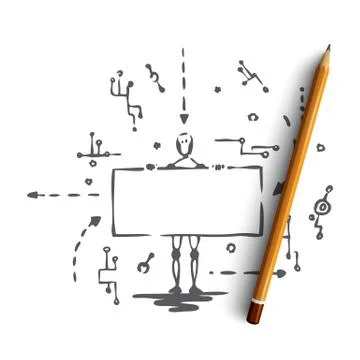Technology, robot, scheme, android, data concept. Hand drawn isolated vector. Illustrazione stock