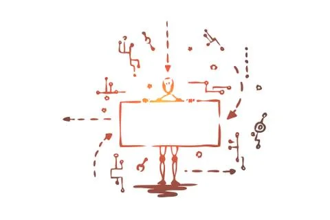 Technology, robot, scheme, android, data concept. Hand drawn isolated vector. Illustrazione stock