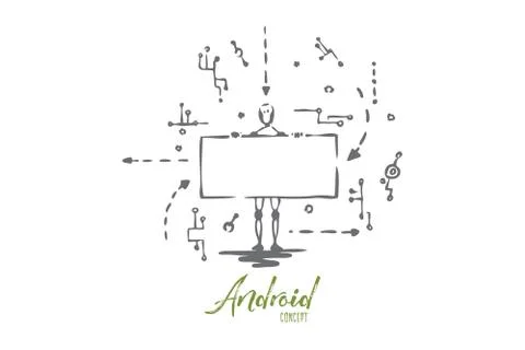 Technology, robot, scheme, android, data concept. Hand drawn isolated vector. Stock Illustration