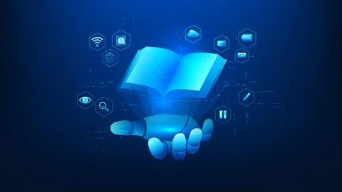 Technology robotic hand projecting a holographic book, representing AI in e.. Stock Illustration