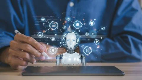 Technology of robotics programing and STEM education concept.Young man expe.. Stock Photos