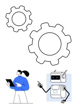Technology Scene with Cogs, Robot, and a Person Holding Tablet Symbolizing .. Stock Illustration