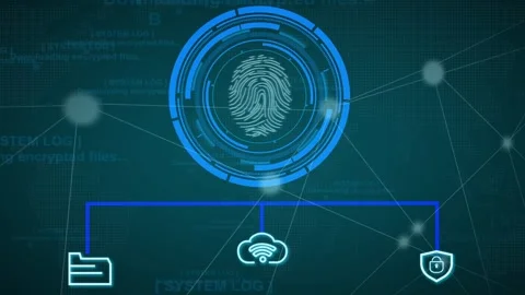 Technology security network animation links fingerprint icons to clouds. Se.. Stock Footage 341129612