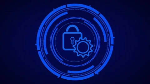 Technology security protection animation displays digital lock gear icons. .. Stock Footage 341129516