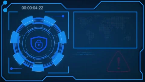 Technology security shield animation displays warning symbols on maps. Secu.. Stock Footage 341129578