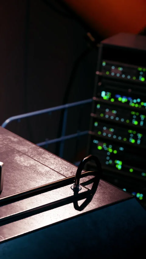 Technology setup in a data center with servers and equipment visible Stock Footage 337898369