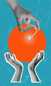 Technology is shared between hands in a demonstration of hearing aid innovati Stock Illustration