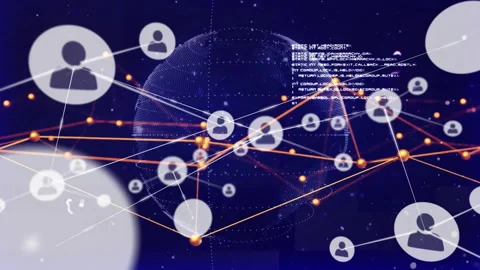Technology showing globe emerging navy background rotating linking orange nodes Stock Footage 314183431