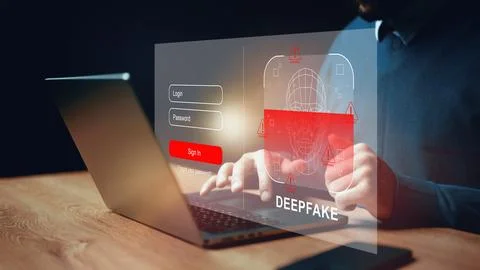 Technology shows deep fake screen while a person uses a laptop at a desk during 写真素材