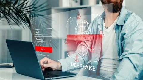 Technology shows a person at a desk interacting with a computer screen Stock Photos