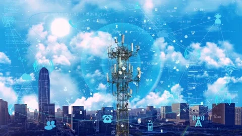 Technology Smart City 5g base station transmits Internet signals Stock Footage 159774008