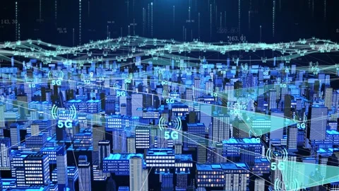 Technology smart city covered by 5g network signal Stock Footage 196536094
