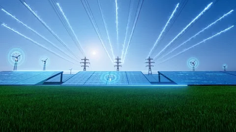 Technology, smart grid, photovoltaic, wind turbine, solar energy Stock Footage 342578410