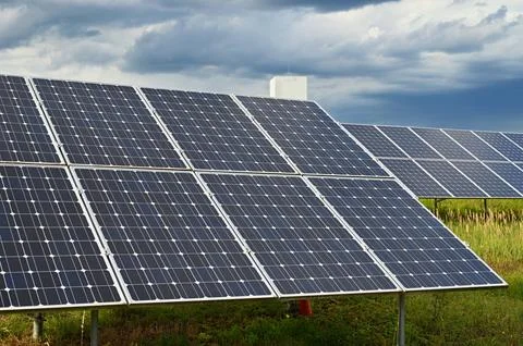 Technology solar cell. Solar panels on the sky background. Power plant. Alt.. 스톡 사진