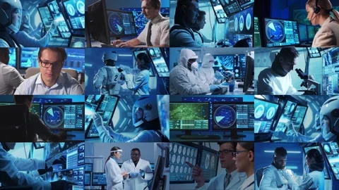 Technology, space exploration and medical concept. Scientists, astronauts, lab Stock Footage 304577126