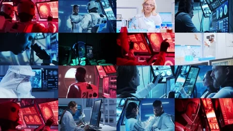 Technology, space exploration and medical concept. Scientists, astronauts, lab Stock Footage 307480652