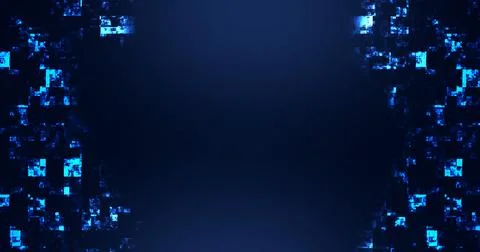 Technology square pieces falling down and moving up grid background. Neon c.. Stock Illustration