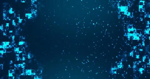 Technology square pieces falling down and moving up grid background. Neon c.. Stock Illustration