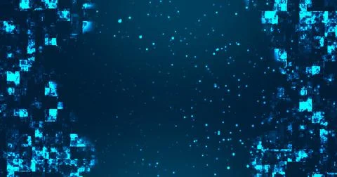 Technology square pieces falling down and moving up grid background. Neon c.. Stock Illustration