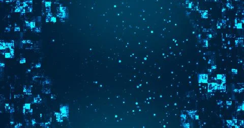 Technology square pieces falling down and moving up grid background. Neon c.. Stock Illustration