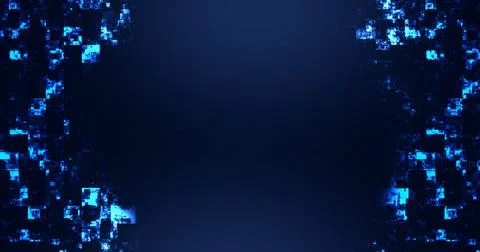 Technology square pieces falling down and moving up grid background. Neon c.. Stock Illustration