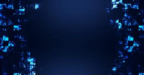 Technology square pieces falling down and moving up grid background. Neon c.. Illustrazione stock