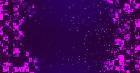 Technology square pieces falling down and moving up grid background. Neon c.. Illustrazione stock