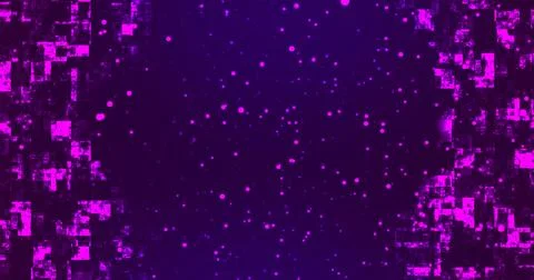 Technology square pieces falling down and moving up grid background. Neon c.. Illustrazione stock