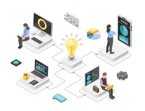 Technology startup. Isometric concept of digital science or network. Young Stock Illustration