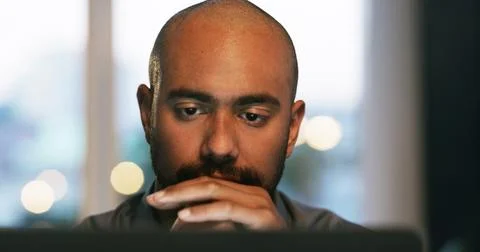 Technology, startup or man in office for reading error, research or Stock Photos